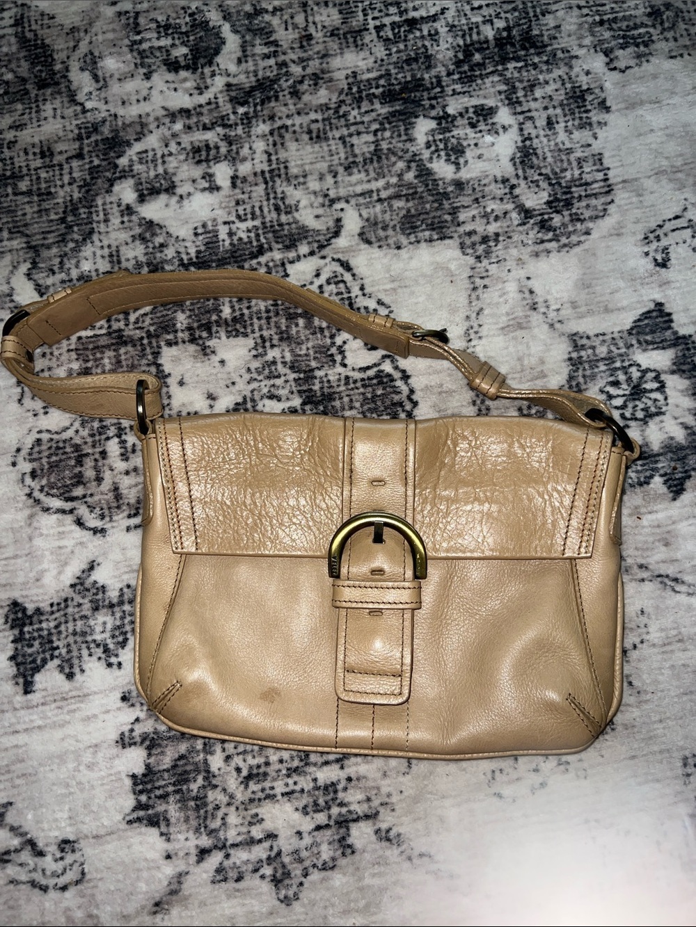 Neutral Beige Leather Shoulder Bag with Buckle Detail